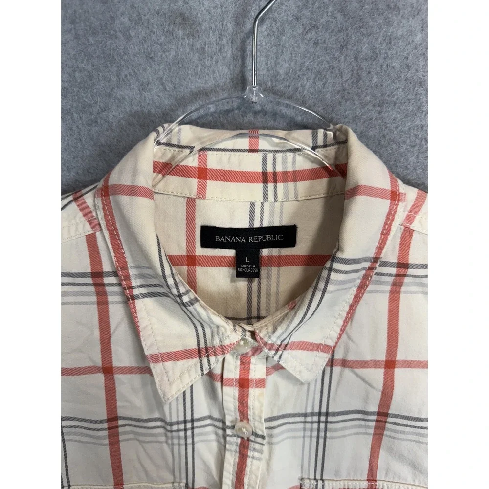 Banana Republic Shirt Mens Large Red Cream Plaid Button Up Long Sleeve Casual